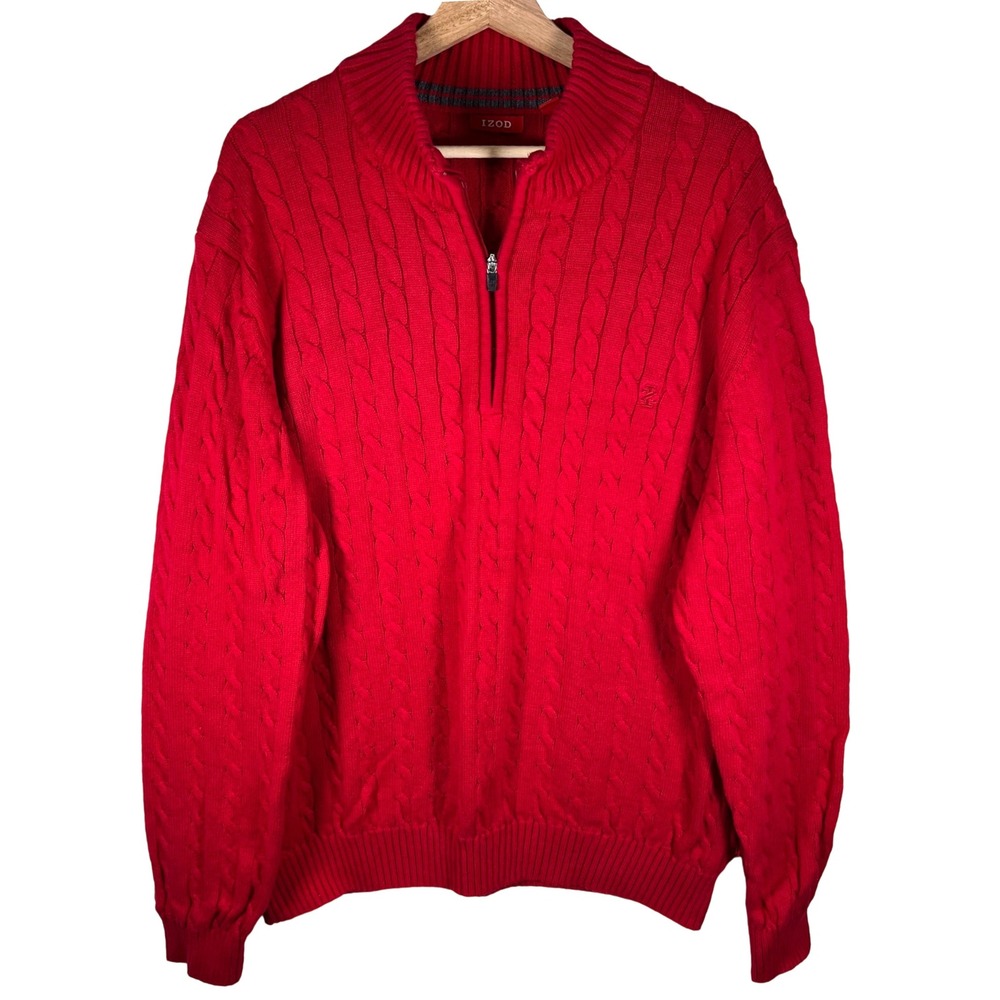 Vtg IZOD Mens Red Cable Knit 1/4 Zip Sweater XXL Men 100% Cotton Pullover